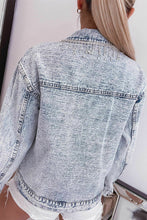 Load image into Gallery viewer, Mist Blue Retro Rhinestone Fringed Collar Light Wash Denim Jacket
