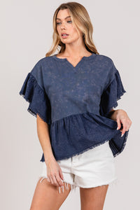 Ruffle Sleeve Top | Washed Short Sleeve Blouse