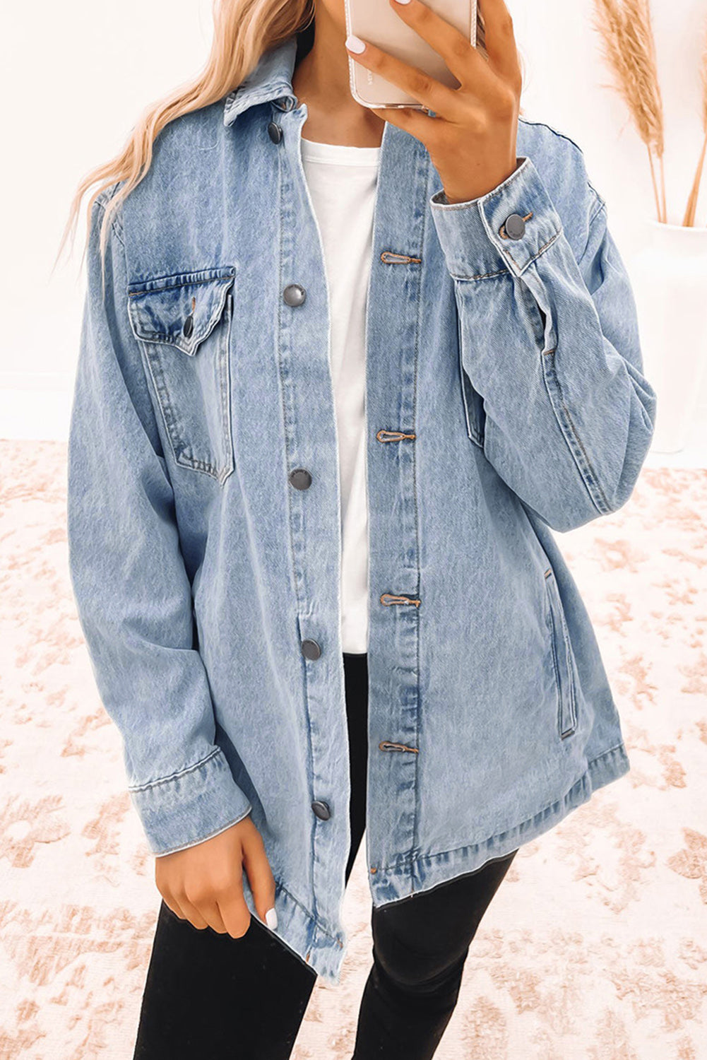 Sky Blue Acid Wash Flap Pocket Boyfriend Shacket | Outerwear/Denim jackets