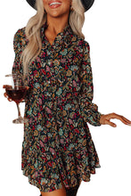 Load image into Gallery viewer, Ruffle Shirt Dress | Black Retro Floral Tie Waist Mini Dress
