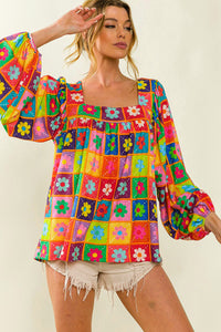 Womens Blouse | Multicolor Floral Crochet Square Neck Puff Sleeve Blouse | Tops/Blouses & Shirts