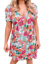 Load image into Gallery viewer, Womens Mini Dress | Multicolor Floral Print Tie Back Short Sleeve Dress | Dresses/Floral Dresses
