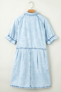 Beau Blue Mineral Wash Ruffled Short Sleeve Buttoned Denim Dress | Dresses/Mini Dresses