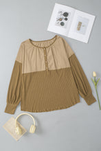 Load image into Gallery viewer, Khaki Ribbed Patchwork Drop Shoulder Buttoned Neckline Blouse
