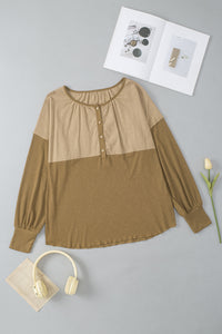 Khaki Ribbed Patchwork Drop Shoulder Buttoned Neckline Blouse