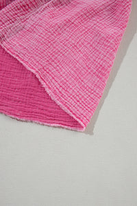 Strawberry Pink Mineral Wash Crinkle Split Neck Raw Hem Tiered Dress | Dresses/Mini Dresses