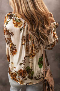 Floral Blouse | Apricot Split Neck Flounce Sleeve Top