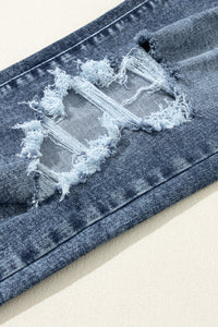 High Waist Slim Fit Jeans | Blue Light Wash Frayed Jeans