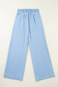 Drawstring Wide Leg Blue Jeans with Pockets