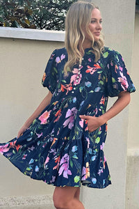 Bubble Sleeve Dress | Black Floral Button Mandarin Collar Dress