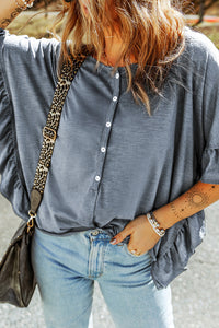 T Shirt | Gray Ruffled Half Sleeve Buttoned Loose