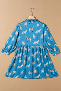 Blue Printed Zebra Pattern Pleated Shirt Tunic Dress | Dresses/Mini Dresses