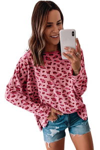 Pink Animal Print Stitching Loose Long Sleeve Top | Tops/Long Sleeve Tops