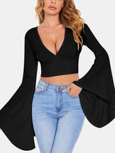 Load image into Gallery viewer, Womens Crop Top |  Black Plunge Flare Sleeve Cropped Top | Tops/Crop Tops
