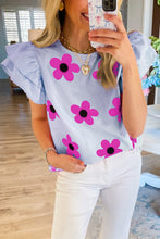 Load image into Gallery viewer, Flutter Sleeve Blouse | Sky Blue Pinstripe Floral Print Top
