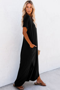 Black V Neck Hidden Pocket Splits Maxi T-shirt Dress | Dresses/T Shirt Dresses