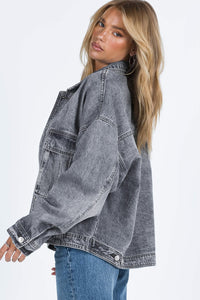 Loose Denim Jacket | Gray Chest Pockets Drop Shoulder Jacket