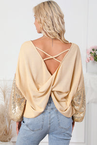 Waffle Knit Top | Apricot Sequin Patchwork Sleeve Open Back