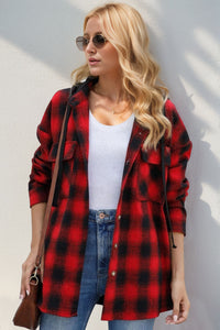 Drawstring Plaid Hooded Shacket