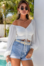 Load image into Gallery viewer, Womens Crop Top | White Drawstring Front Sheer Puff Sleeve Crop Top | Tops/Crop Tops
