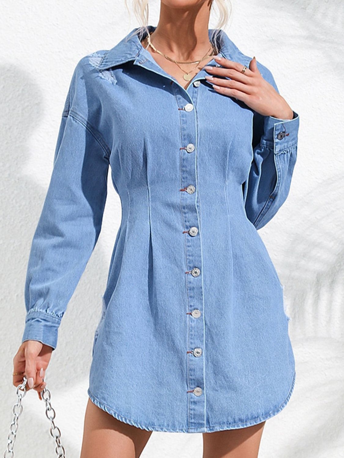 Distressed Denim Dress | Button Up Long Sleeve Dress