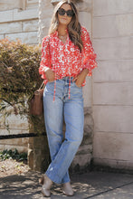 Load image into Gallery viewer, V-Neck Blouse | Fiery Red Floral Ruffled Notched
