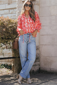 V-Neck Blouse | Fiery Red Floral Ruffled Notched