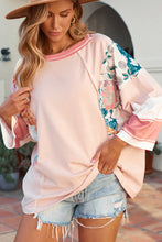 Load image into Gallery viewer, Pink Printed Pinstriped Color Block Patchwork Oversized Top | Tops/Long Sleeve Tops
