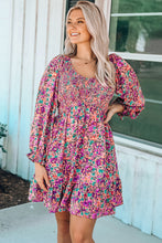 Load image into Gallery viewer, Purple Smocked V Neck Puffy Sleeve Floral Dress | Dresses/Floral Dresses
