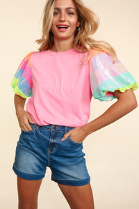 Puff Sleeve Top  | Sequin Color-Block Striped Blouse