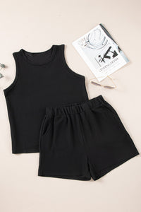 Black Corded Sleeveless Top and Pocketed Shorts Set | Two Piece Sets/Short Sets