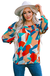 Multicolor Abstract Pattern Crewneck Ruffled Puff Sleeve Blouse | Tops/Blouses & Shirts