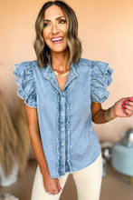 Load image into Gallery viewer, Beau Blue Button Front Ruffled Flutter Frayed Denim Top | Tops/Tops &amp; Tees
