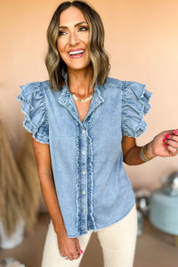 Beau Blue Button Front Ruffled Flutter Frayed Denim Top | Tops/Tops & Tees