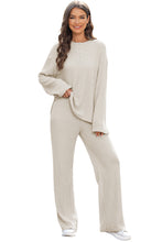 Load image into Gallery viewer, Beige Ribbed Drop Shoulder Henley Top Wide Leg Pants Set | Two Piece Sets/Pant Sets
