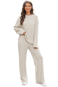 Beige Ribbed Drop Shoulder Henley Top Wide Leg Pants Set | Two Piece Sets/Pant Sets