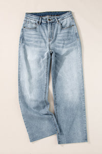 Light Blue Acid Wash Raw Edge Straight Jeans | Bottoms/Jeans