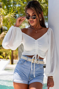 Womens Crop Top | White Drawstring Front Sheer Puff Sleeve Crop Top | Tops/Crop Tops