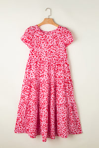 Bohemian Dress | Pink Printed Short Sleeve Flare Tiered Dress