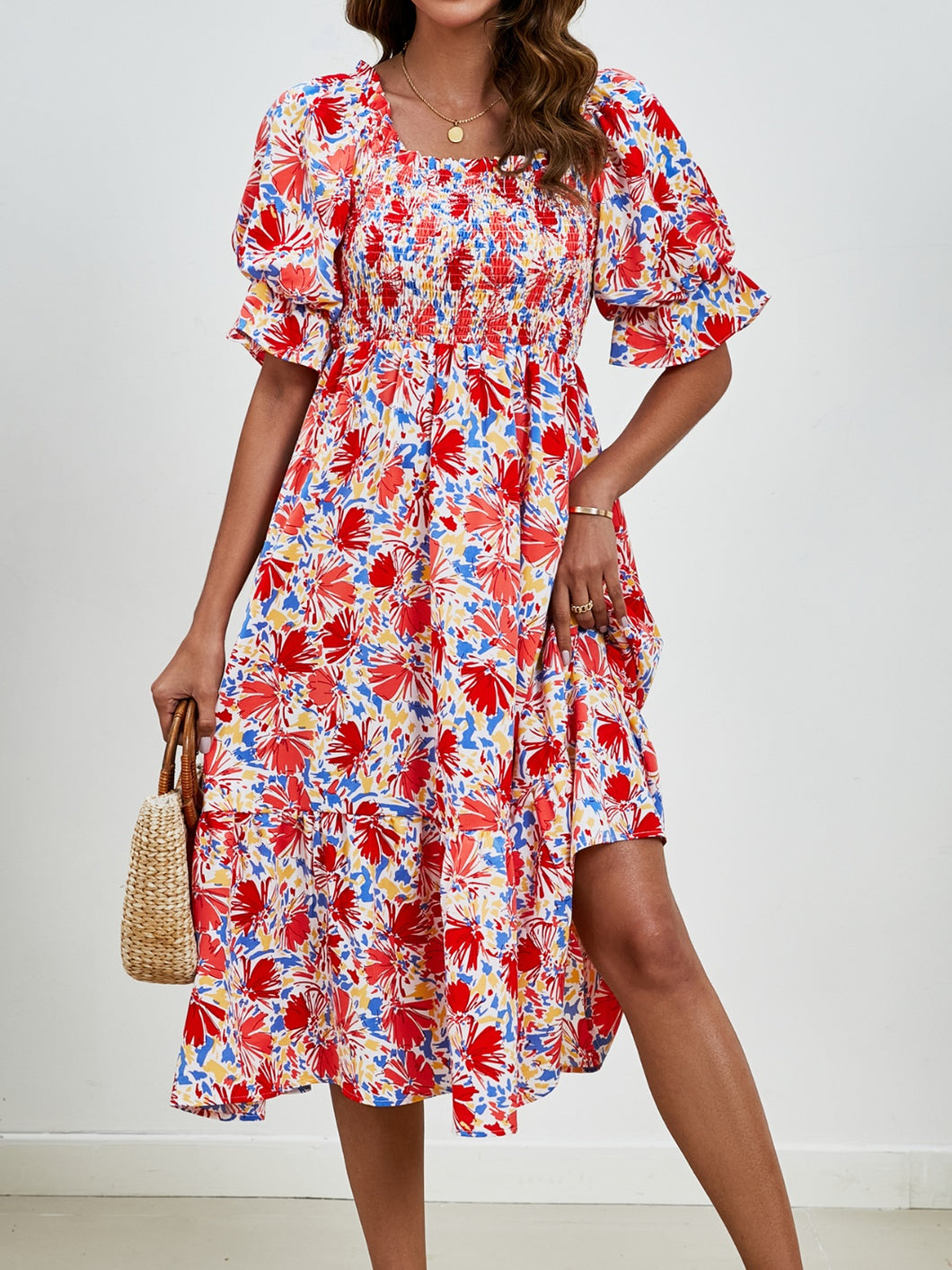 Short Sleeve Dress | Smocked Floral Square Neck