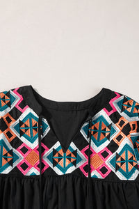 Black Geometric Embroidered Tassel Tie V Neck Blouse | Tops/Blouses & Shirts