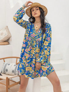 Mini Dress | Printed V-Neck Balloon Sleeve Dress