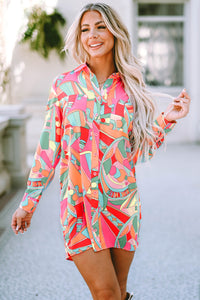 Long Sleeve Shirt Dress | Multi-Color Geometric Abstract Print