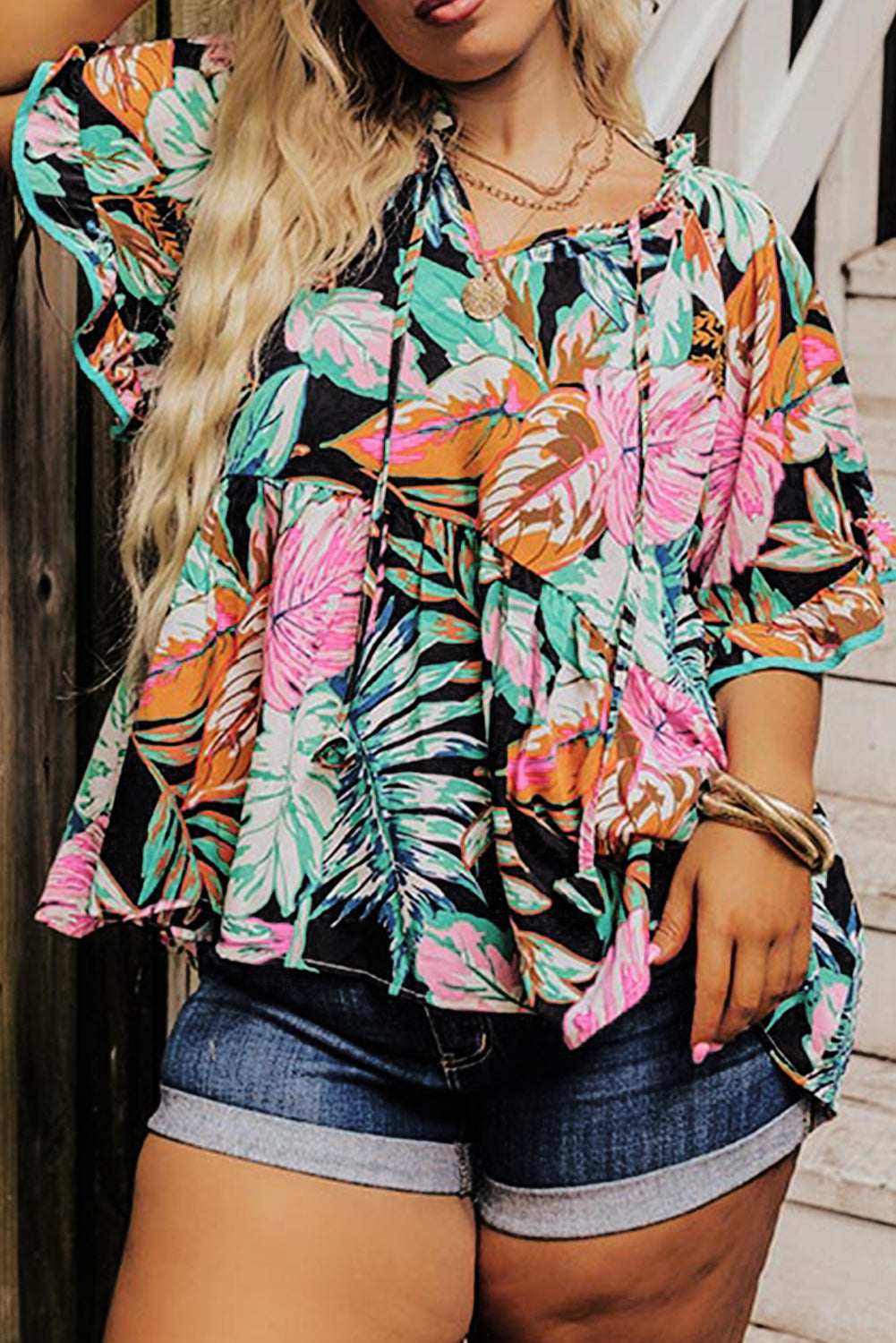 Ruffled Sleeve Top | Black Plus Tropical Print Blouse