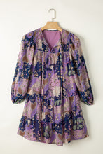 Load image into Gallery viewer, Puff Sleeve Mini Dress | Purple Vintage Daisy Floral Short Dress
