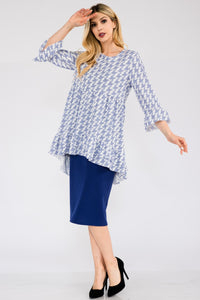 High-Low Top | Full Size Hounds-Tooth Flounce Sleeve