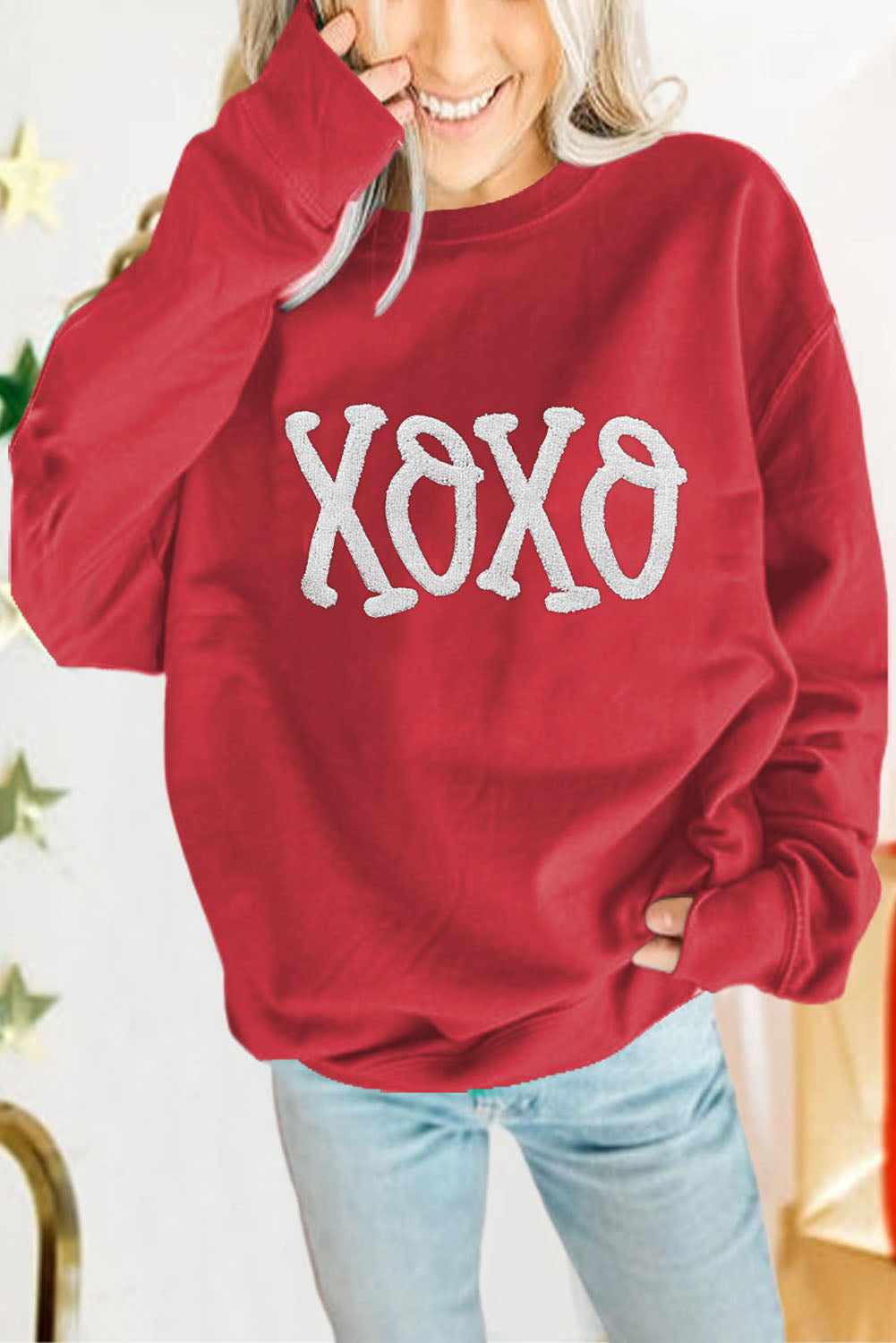 Pullover Sweatshirt | Racing Red Chenille Embroidered Top