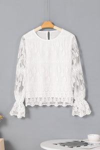 Mesh Blouse | Beige Embroidered Flounce Sleeve Top