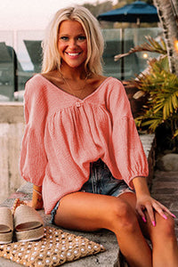 Pink Textured V Neck Bracelet Sleeve Babydoll Blouse | Tops/Blouses & Shirts