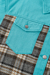 Sky Blue Plaid Patchwork Pockets Denim Jacket | Outerwear/Denim jackets